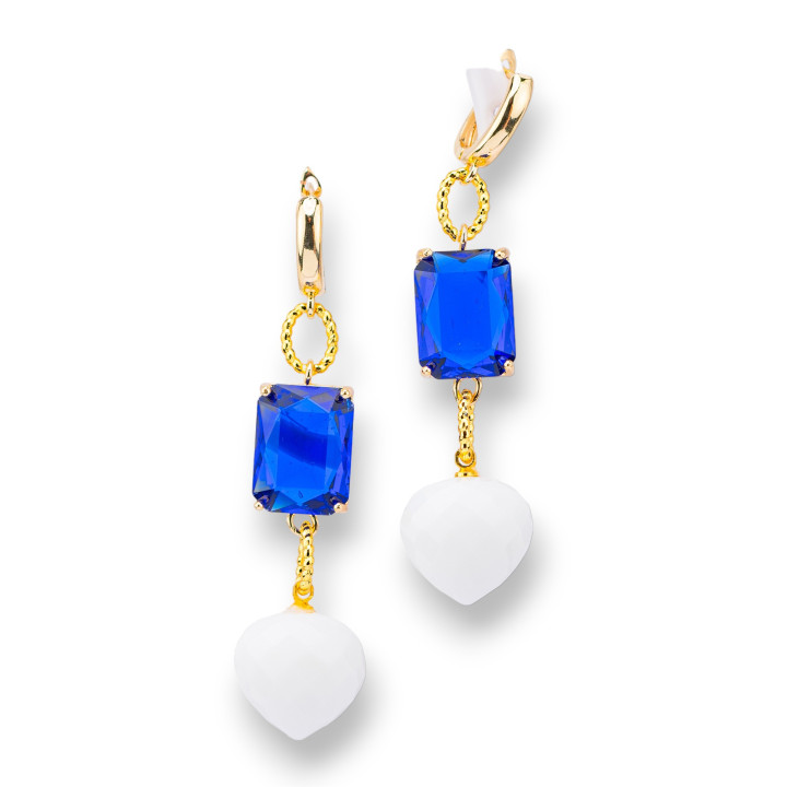 Pendientes De Bronce Con Cristal CZ 16x66mm Dorado Azul Blanco