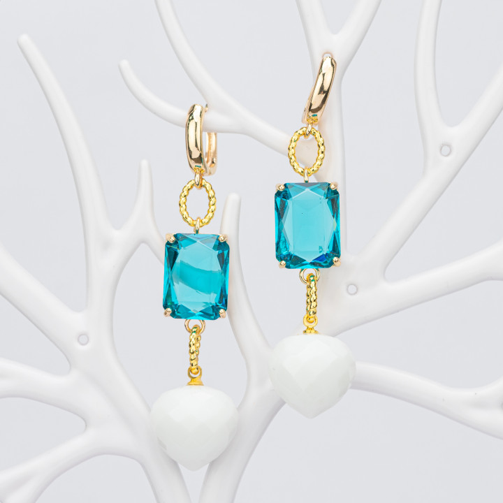 Bronze Stud Earrings With Crystal CZ 16x66mm Golden Light Blue