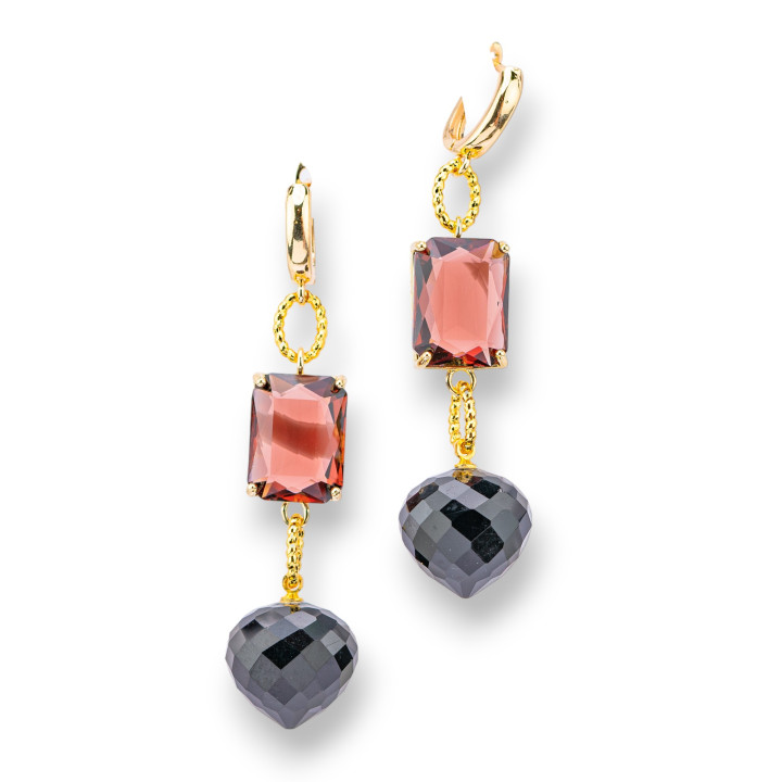 Orecchini A Perno Di Bronzo Con Crystal CZ 16x66mm Dorato Viola Nero