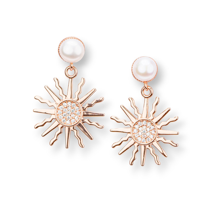 925 Silver Stud Earrings With Zircons And Rose Gold River Pearls