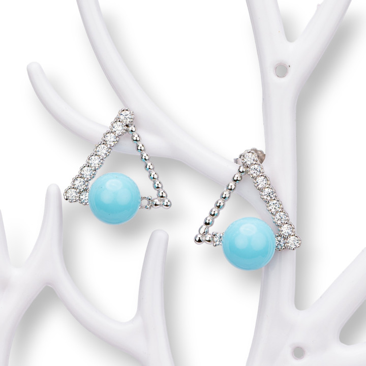 Boucles D'oreilles Puces En Argent 925 Avec Zircons Et Perles En Pâte Turquoise