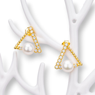 925 Silver Stud Earrings With Zircons And Golden River Pearl Beads