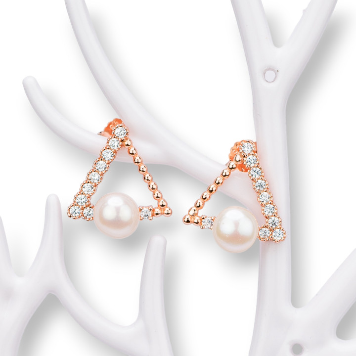 Orecchini Perno Di Argento 925 Con Zirconi E Perline Perle Di Fiume Oro Rosa