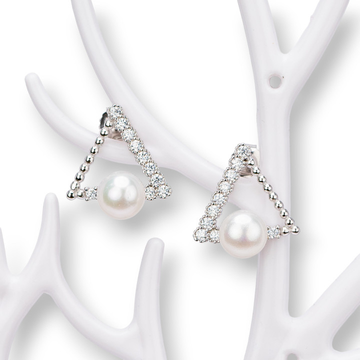 925 Silver Stud Earrings With Zircons And Beads Rhodium-Plated River Pearls