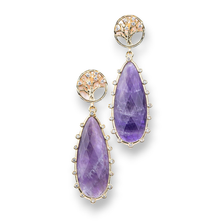 Boucles D'oreilles Tige En Bronze Arbre Avec Zircons Et Goutte De Pierres Semi-précieuses Améthyste