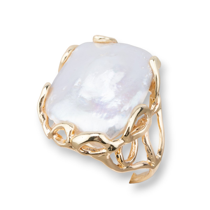 Χάλκινο δαχτυλίδι με μαργαριτάρια γλυκού νερού Ρυθμιζόμενο μέγεθος 22x30mm Χρυσό Ορθογώνιο