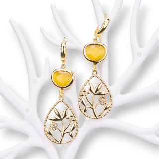 Boucles d'oreilles clous en bronze avec cabochon oeil de chat et pendentif en forme de larme à motif feuille jaune foncé