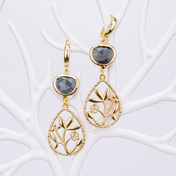 Bronze Stud Earrings with Cat's Eye Cabochon and Teardrop Pendant with Dark Gray Leaf Pattern