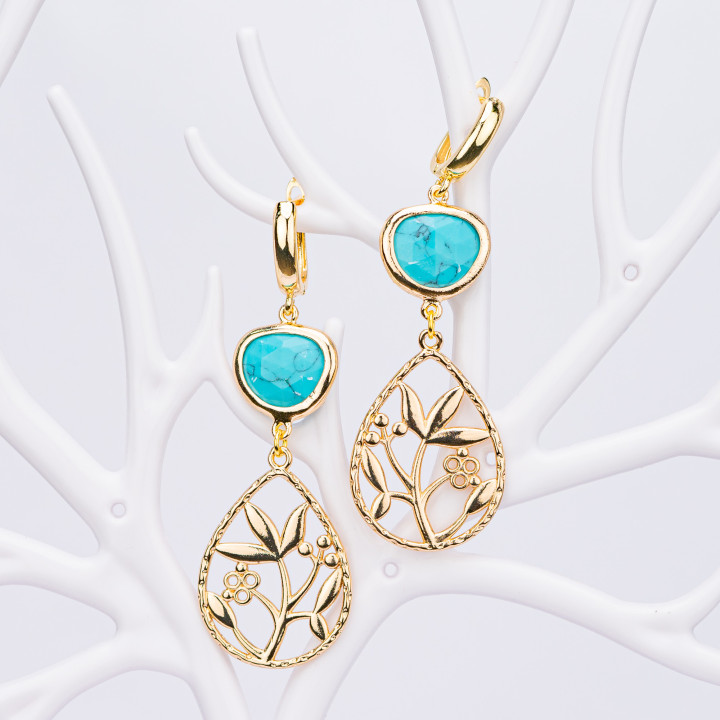 Bronze Stud Earrings With Cat's Eye Cabochon And Teardrop Pendant With Turquoise Leaf Pattern