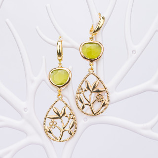 Boucles D'oreilles Puces En Bronze Avec Cabochon Oeil De Chat Et Pendentif Larme Motif Feuille Vert Acide