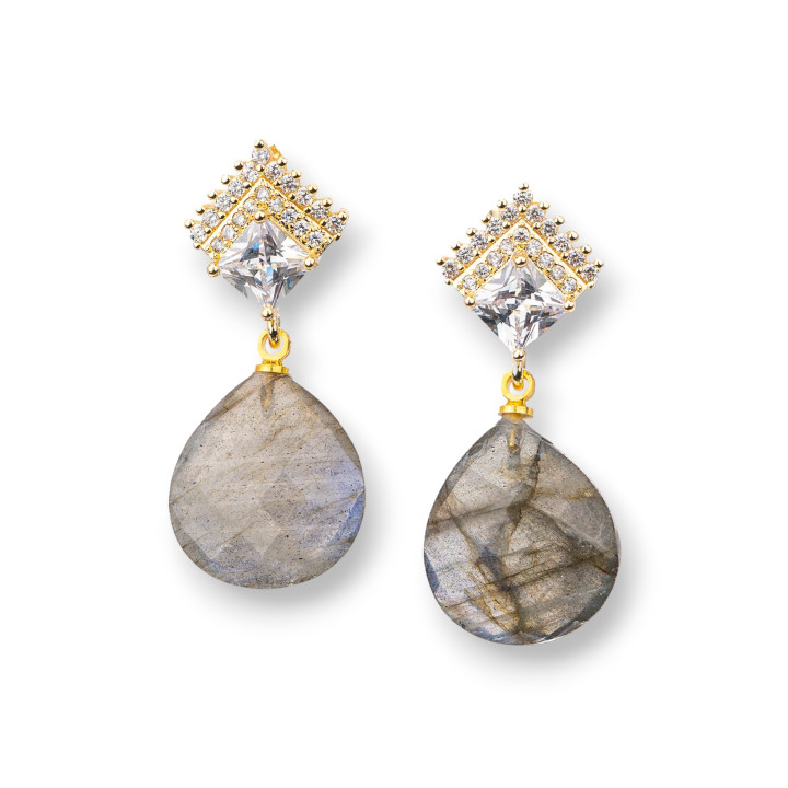 Bronze Stud Earrings With Semi-precious Stones 16x38mm Labradorite