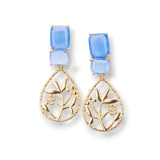 Boucles d'oreilles Tige Oeil de Chat avec Cabochon Bronze 22x50mm Bleu Clair