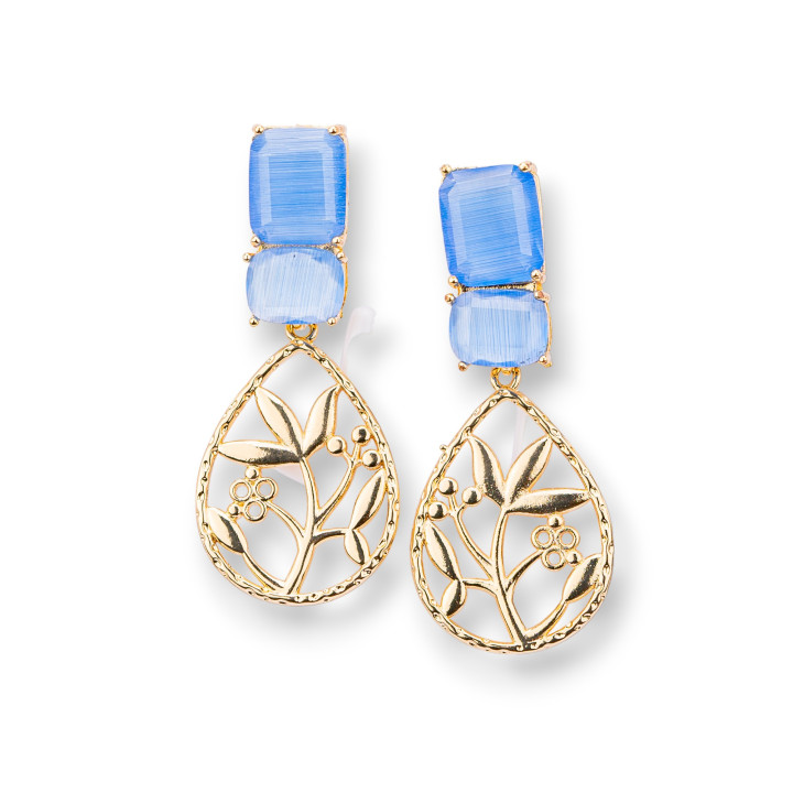 Cat's Eye Stud Earrings with Bronze Cabochon 22x50mm Light Blue