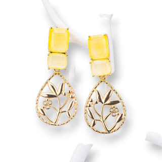 Boucles d'oreilles Tige Oeil de Chat avec Cabochon Bronze 22x50mm Jaune