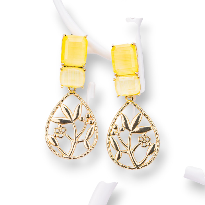 Pendientes Ojo de Gato con Cabujón de Bronce 22x50mm Amarillo