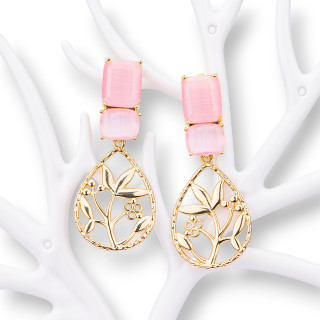 Boucles d'oreilles Tige Oeil de Chat avec Cabochon Bronze 22x50mm Rose