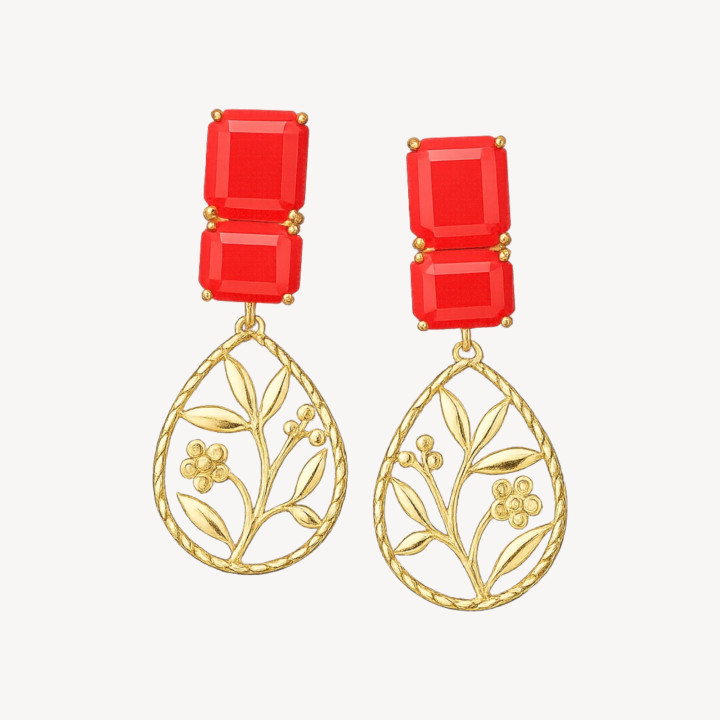 Katzenaugen-Ohrstecker mit Bronze-Cabochon, 22 x 50 mm, Rot