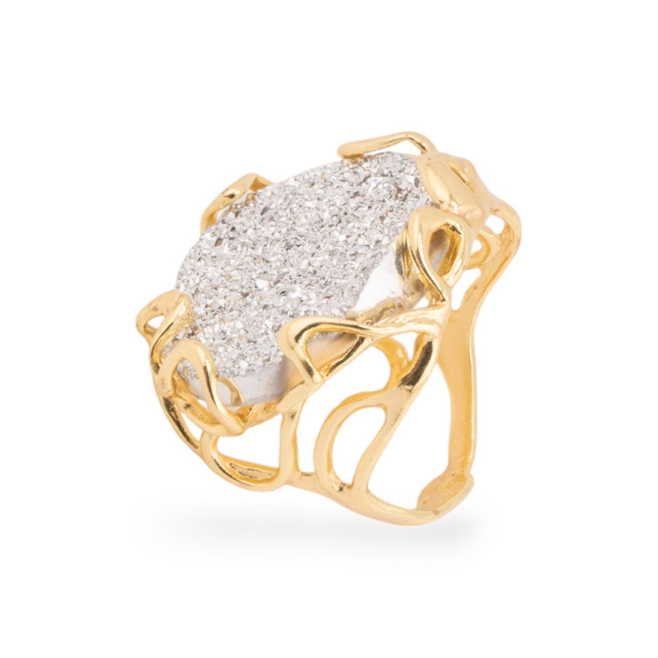 Bronze Ring With Galvanized Resin 28x32mm Adjustable Size Golden Druzi Silver