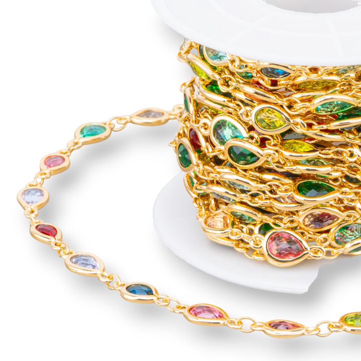 Catena Rosario Di Ottone Con Occhio Di Gatto Cabochon Goccia 6,5x8,5mm 5 Metri Dorato Multicolor