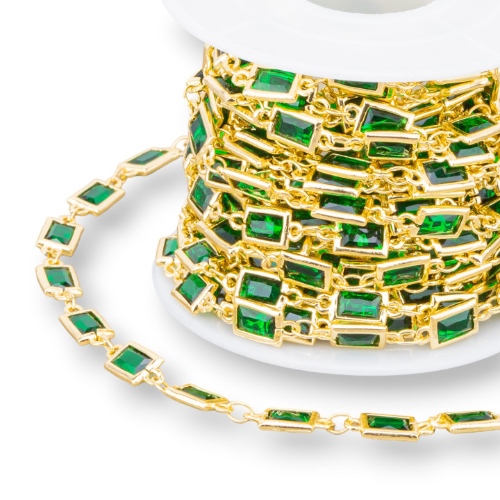 Brass Rosary Chain with Cat's Eye Rectangle Cabochon 5.5x7.5mm 5m Golden Emerald