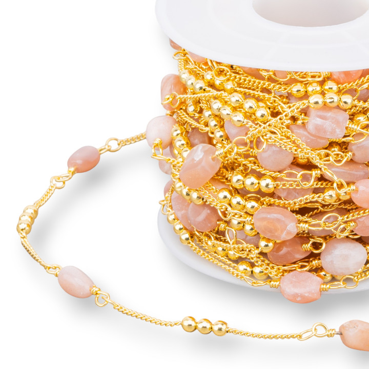 Brass Rosary Chain With Semi-precious Stones 10 Meters Pink Moonstone