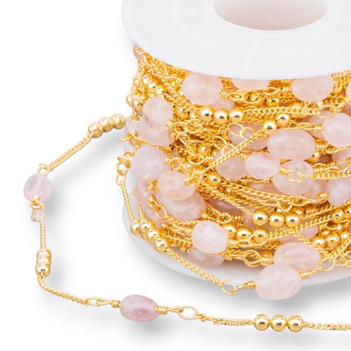 Chaîne chapelet en laiton avec pierres semi-précieuses 10 mètres Quartz rose