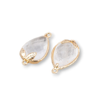 Bronze Connector Component With Faceted Natural Stone 11.5x15.5mm With 2 Rings 9pcs Rock Crystal