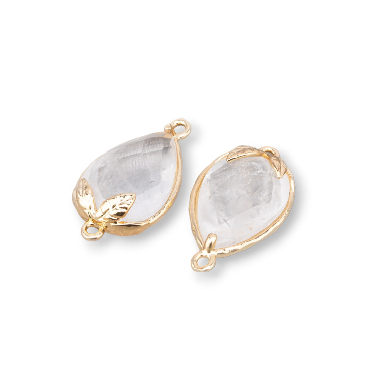 Bronze Connector Component With Faceted Natural Stone 11.5x15.5mm With 2 Rings 9pcs Rock Crystal