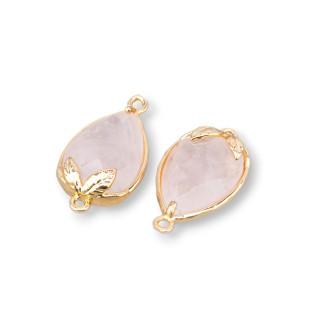 Componente conector de bronce con piedra natural facetada de 11,5 x 15,5 mm con 2 anillos, 9 piezas de cuarzo rosa