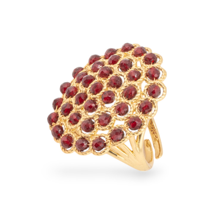 Bronzering mit verbundenen Perlen, 30 mm, verstellbare Größe, goldener roter Rubin