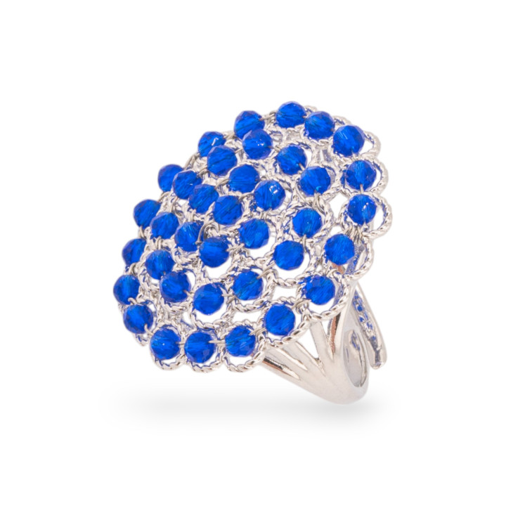 Bronze Ring With Linked Beads 30mm Adjustable Size Blue Rhodium Plated