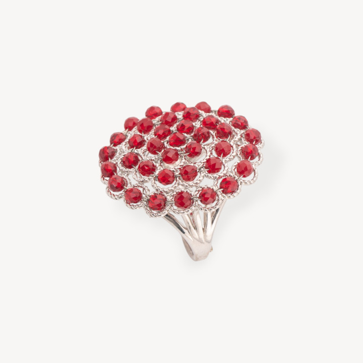 Anello Di Bronzo Con Perline Ammagliate 30mm Misura Regolabile Rodiato Rosso Ruby