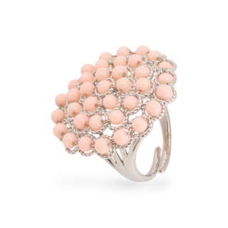 Anello Di Bronzo Con Perline Di Pietre Dure Ammagliate 30mm Misura Regolabile Rodiato Pasta Di Corallo Rosa