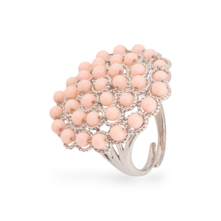 Bague Bronze Avec Perles Pierres Semi Précieuses 30mm Taille Ajustable Pâte De Corail Rose Rhodié