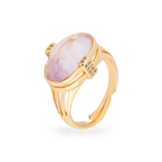 Anillo De Bronce Con Piedras Semipreciosas Y Circonitas En Conjunto Oval 18x18mm Tamaño Ajustable Dorado Amatista Lavanda