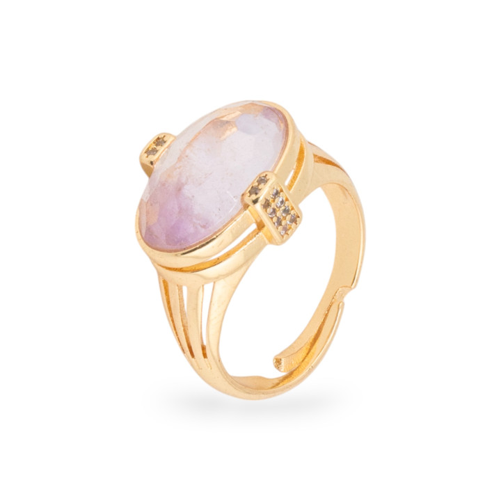 Bague en bronze avec pierres semi-précieuses et zircons sertie ovale 18x18mm taille réglable doré améthyste lavande