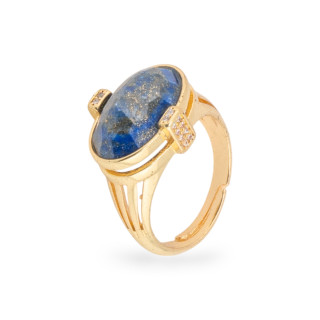 Bague en bronze avec pierres semi-précieuses et zircons sertie ovale 18x18mm taille réglable Lapis Lazuli doré