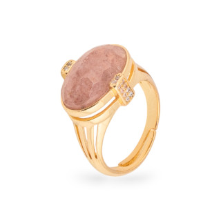 Bague en bronze avec pierres semi-précieuses et zircons sertie ovale 18x18mm taille réglable pierre de lune rose dorée