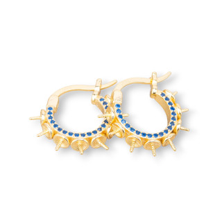 Base For Earrings Of 925 Silver Closed Stud Hoop With Zircons 15x16mm 2 Pairs Golden Blue