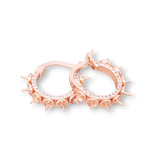 Base For Earrings Of 925 Silver Closed Stud Hoop With Zircons 15x16mm 2 Pairs Rose Gold White