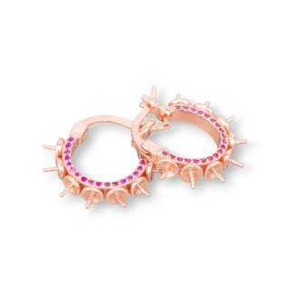 Base For Earrings Of 925 Silver Closed Stud Hoop With Zircons 15x16mm 2 Pairs Rose Gold Red