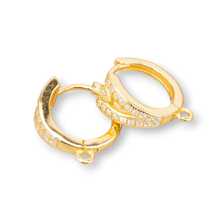 Base For Earrings Of 925 Silver Closed Stud Hoop With Zircons 7x14mm 2 Pairs Golden