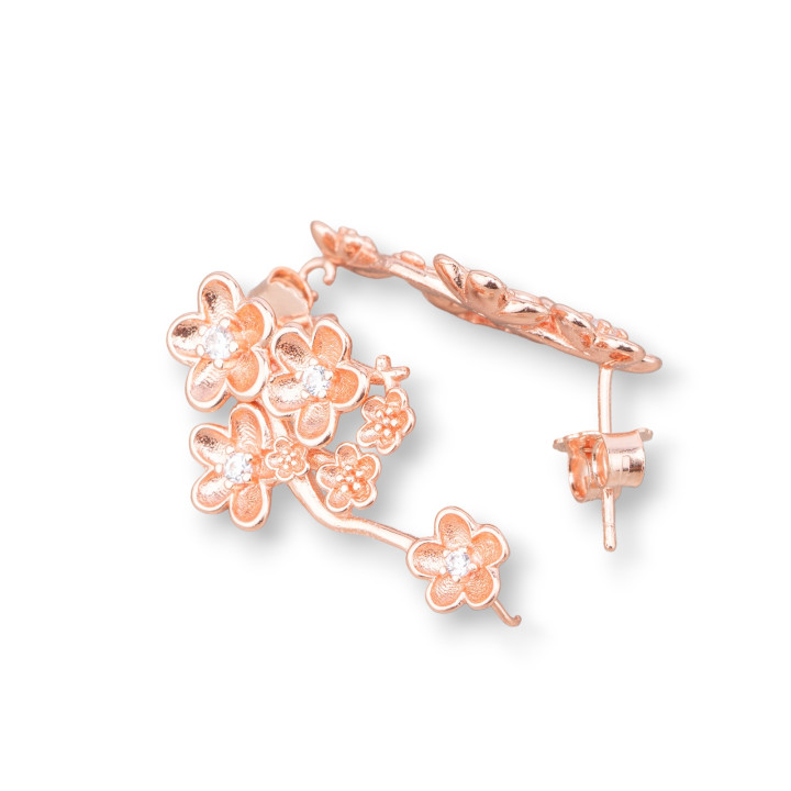 Base Para Pendientes De Plata 925 Stud Flor Con Circonitas 14x23mm 1 Par Oro Rosa
