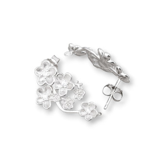 Base Per Orecchini Di Argento 925 Perno Fiore Con Zirconi 14x23mm 1 Coppia Rodiato