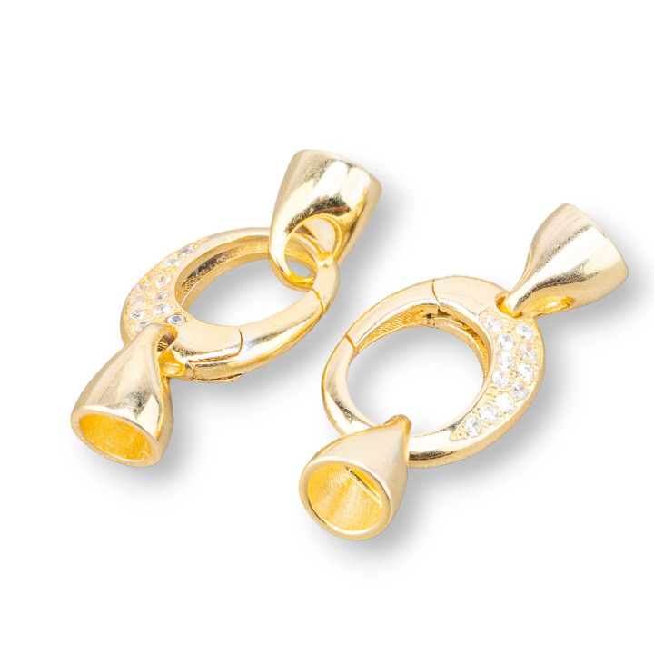Chiusura A Scatto Di Argento 925 Con Zirconi 11x26mm Con Coppette Da 6mm 2pz Dorato
