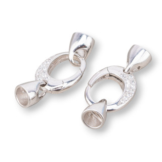 925 Silver Snap Clasp With Zircons 11x26mm With 6mm Cups 2pcs Rhodium Plated