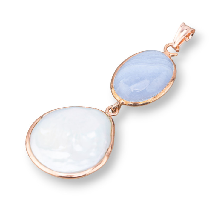 Ciondoli Pendenti Di Argento 925 Con Perle Di Fiume e Pietre 20x55mm Calcedonio