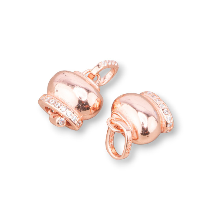 925 Silver Campanella Charms Pendant Component With Zircons 10x17mm 2pcs Rose Gold