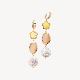 Boucles d'oreilles clous fermées en bronze avec cabochon oeil de chat et perles baroques plates marron