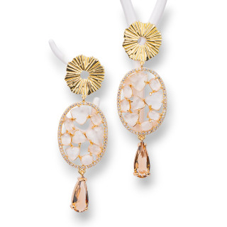 Χάλκινα καρφωτά σκουλαρίκια με Cat's Eye Cabochon και ζιργκόν και σταγόνες Champegne White